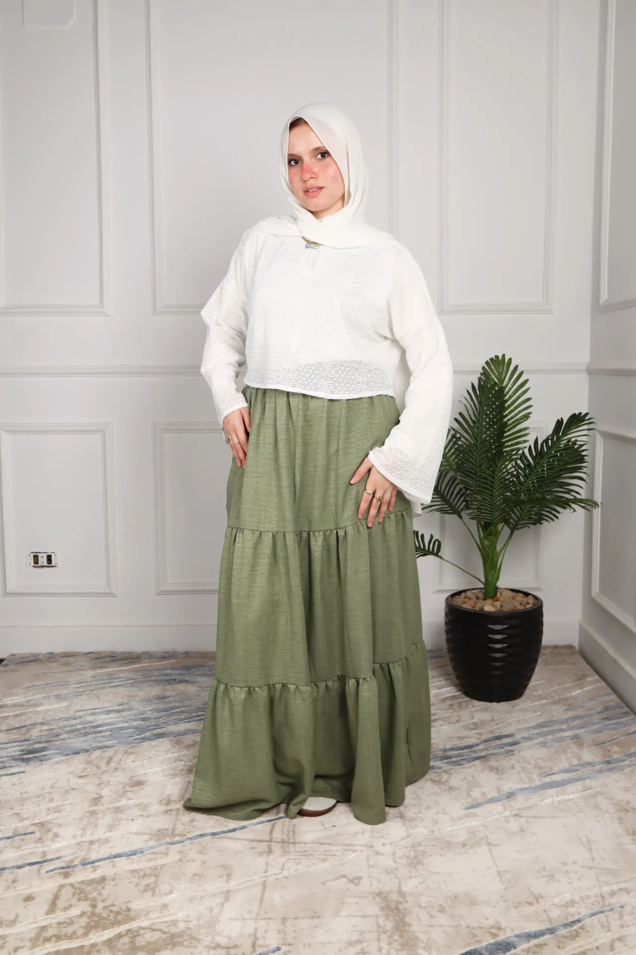  Olive green Linen Skirt   (S, 100cm)