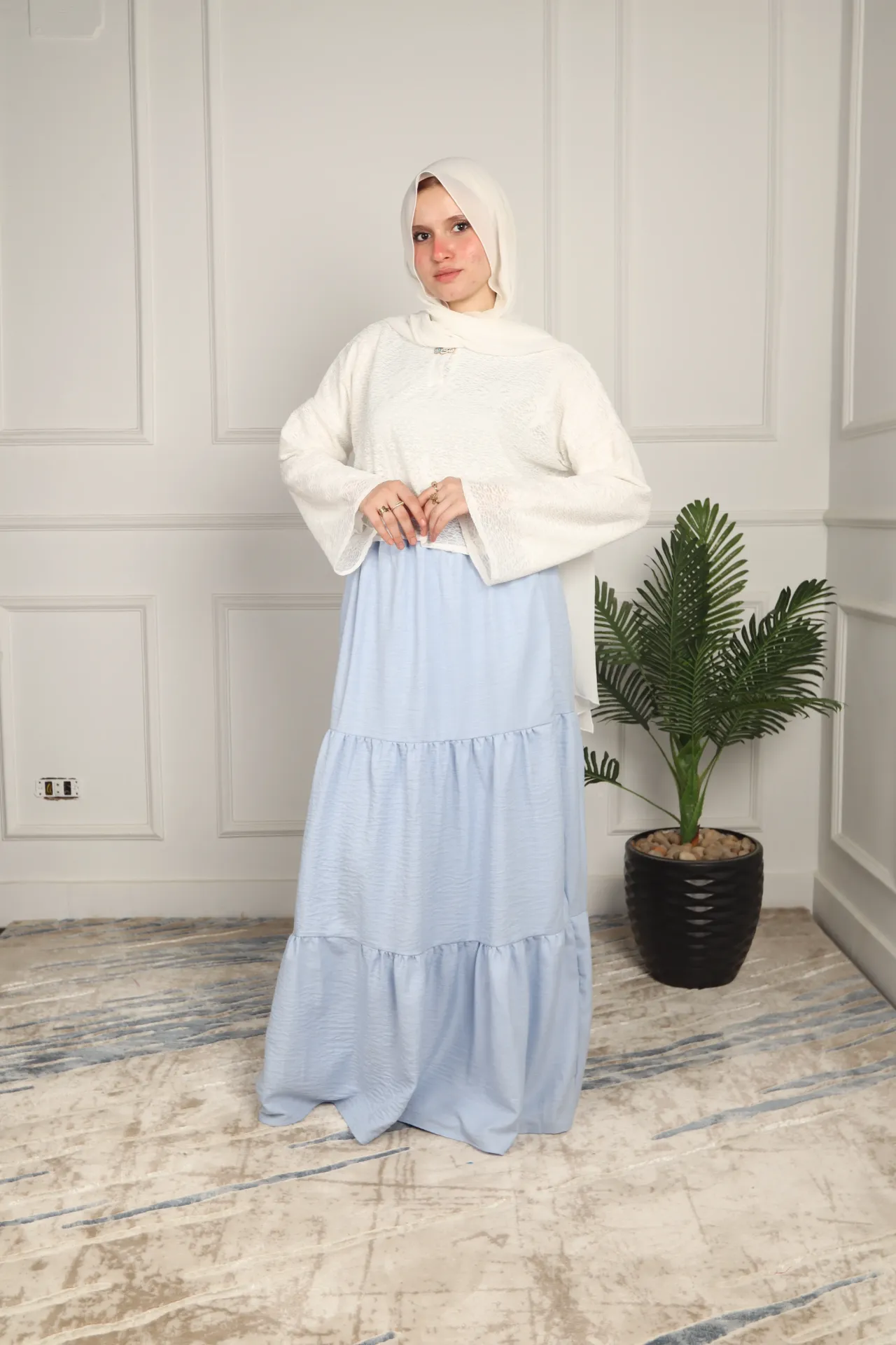  Baby blue Linen Skirt    (S, 100cm)
